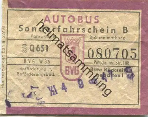 Deutschland - Berlin - BVG - Autobus - Sonderfahrschein B 1960 - rückseitig: Bei Entwertung oder Kontrolle ist unaufgefo