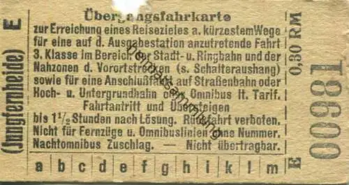 Deutschland - Berlin - Übergangsfahrkarte zur Erreichung eines Fahrzieles ... 3. Klasse - Jungfernheide 0,30 RM