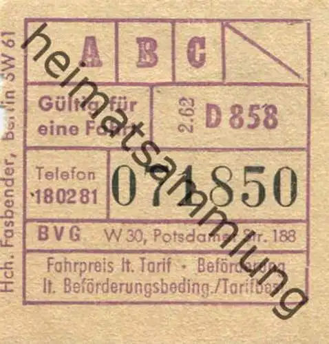 Deutschland - Berlin - BVG - Fahrschein 1962