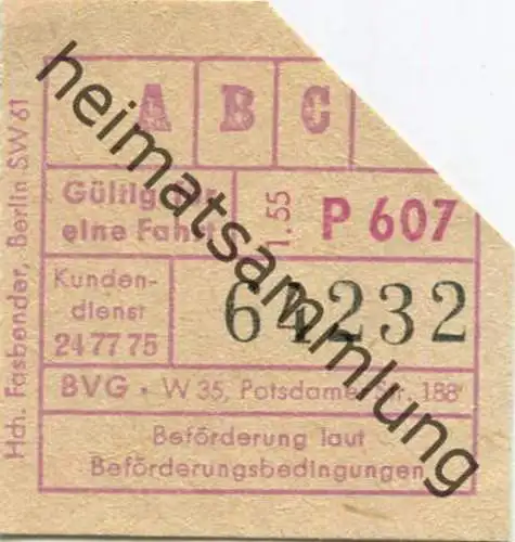 Deutschland - Berlin - BVG - Berlin Potsdamer Str. 188 - Fahrschein 1955