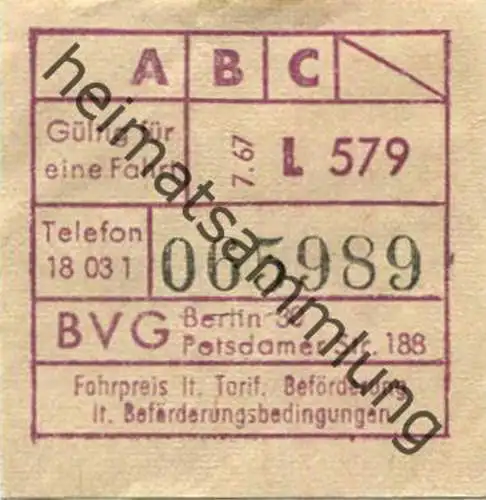 Deutschland - Berlin - BVG - Berlin Potsdamer Str. 188 - Fahrschein 1967