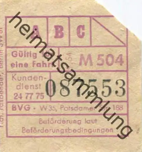 Deutschland - Berlin - BVG - Berlin Potsdamer Str. 188 - Fahrschein 1954