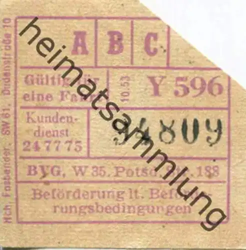 Deutschland - Berlin - BVG - Berlin Potsdamer Str. 188 - Fahrschein 1953