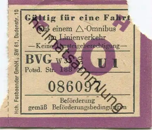 Deutschland - Berlin - BVG - Berlin Potsdamer Str. 188 - Fahrschein 1950 - gültig für eine Fahrt auf einem Dreieck-Autob