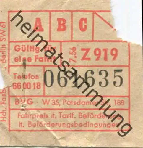 Deutschland - Berlin - BVG Fahrschein 1956