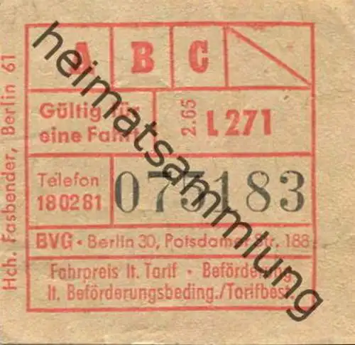 Deutschland - Berlin - BVG Fahrschein 1965