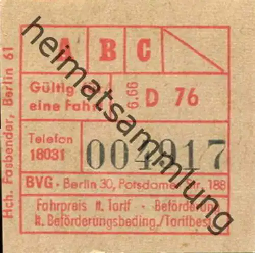 Deutschland - Berlin - BVG Fahrschein 1966 - rückseitig Stempel 2. Okt. 1967