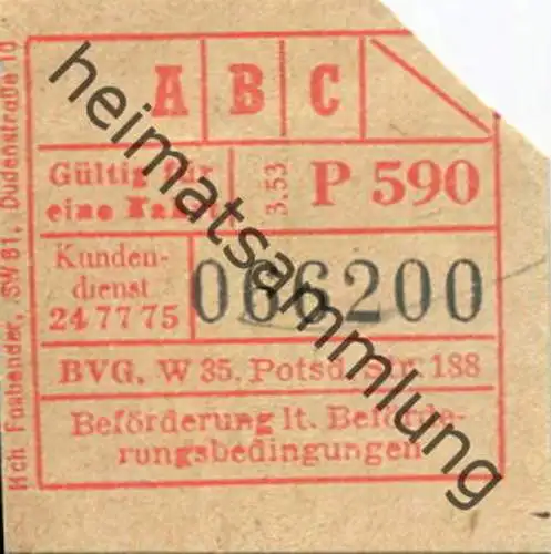 Deutschland - Berlin - BVG Fahrschein 1953