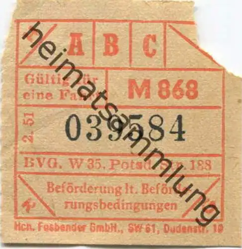 Deutschland - Berlin - BVG - Fahrschein 1951