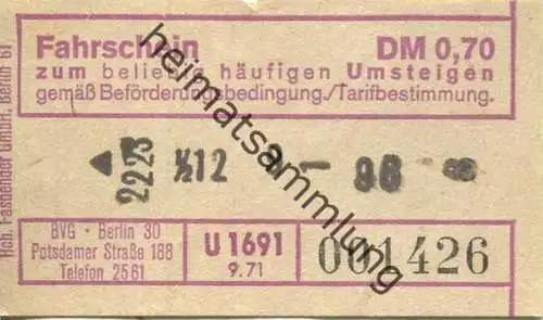 Deutschland - Berlin - BVG - Umsteige Fahrschein 1971 DM 0,70