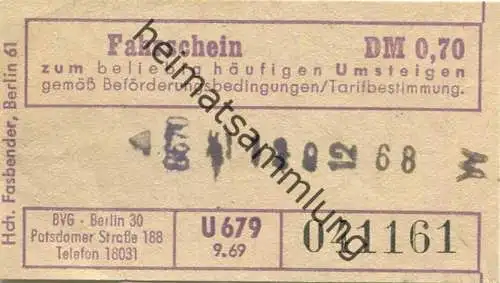 Deutschland - Berlin - BVG - Umsteige Fahrschein 1969 DM 0,70