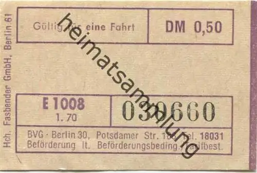 Deutschland - Berlin - BVG - Fahrschein 1970 DM 0,50
