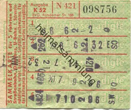 Deutschland - Berlin - BVG - Sammelkarte für 4 Fahrten auf Strassenbahn Omnibus oder U-Bahn 1952 - Schwerbeschädigte
