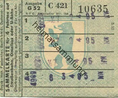 Deutschland - Berlin - BVG - Sammelkarte für 4 Fahrten auf Strassenbahn Omnibus oder U-Bahn 1952
