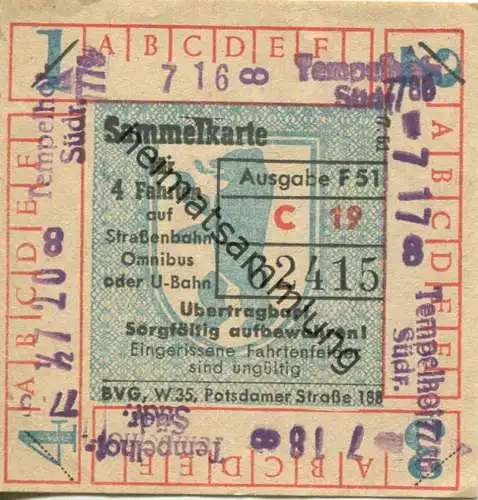 Deutschland - Berlin - BVG - Sammelkarte für 4 Fahrten auf Strassenbahn Omnibus oder U-Bahn 1951