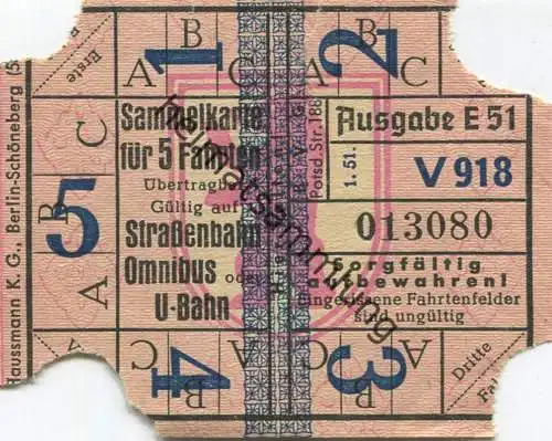 Deutschland - Berlin - BVG - Sammelkarte für 5 Fahrten 1951 - Gültig auf Strassenbahn Omnibus oder U-Bahn