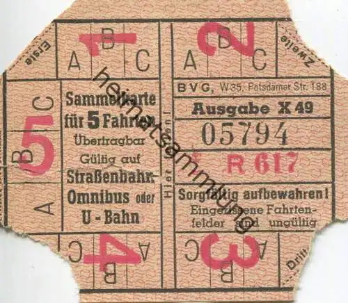 Deutschland - Berlin - BVG - Sammelkarte für 5 Fahrten 1949 - Gültig auf Strassenbahn Omnibus oder U-Bahn