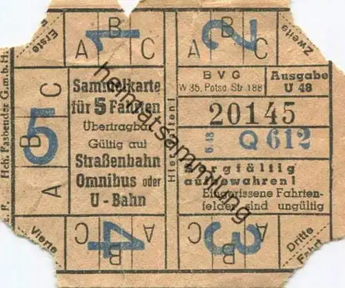 Deutschland - Berlin - BVG - Sammelkarte für 5 Fahrten 1948 - Gültig auf Strassenbahn Omnibus oder U-Bahn