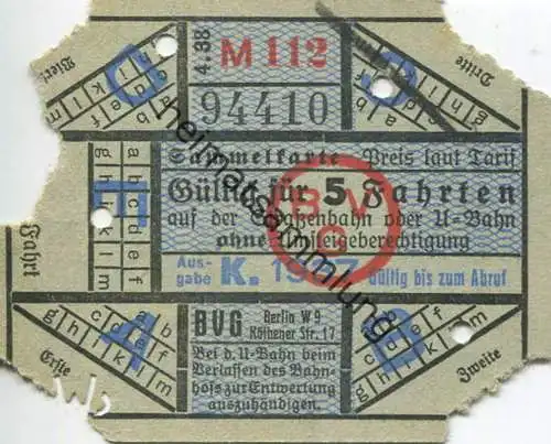 Deutschland - Berlin - BVG - Sammelkarte 1937 - Gültig für 5 Fahrten auf der Strassenbahn oder U-Bahn ohne Umsteigeb