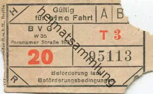 Deutschland - Berlin - BVG - Fahrschein ca. 1948 - Gültig für eine Fahrt