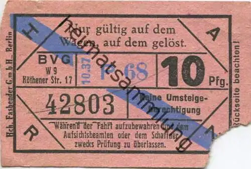 Deutschland - Berlin - BVG - Fahrschein 10Pfg. 1937