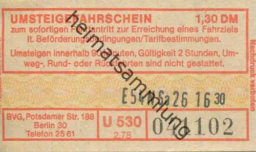 Deutschland - BVG-Umsteigefahrschein 1978 DM 1,30