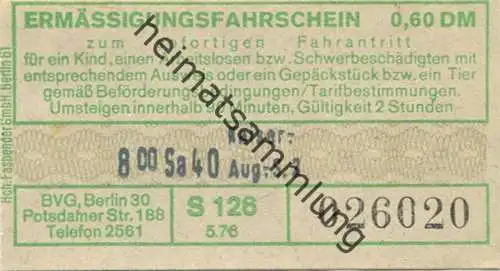Deutschland - BVG Berlin Potsdamer Str. 188 - Ermässigungsfahrschein 1976 0,60 DM