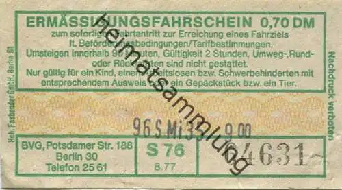 Deutschland - BVG Berlin Potsdamer Str. 188 - Ermässigungsfahrschein 1977 0,70 DM