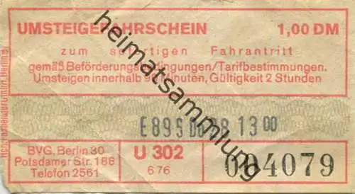 Deutschland - Berlin - BVG-Umsteigefahrschein 1976 DM 1,00