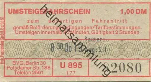 Deutschland - Berlin Potsdamer Str. 188 BVG-Umsteigefahrschein 1977 DM 1,00