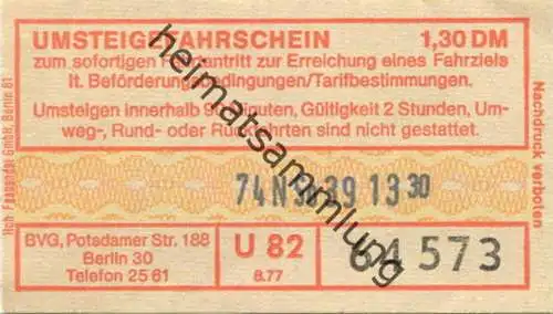 Deutschland - BVG-Umsteigefahrschein 1977 DM 1,30