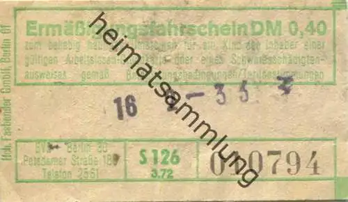 Deutschland - BVG Berlin Potsdamer Str. 188 - Ermässigungsfahrschein 1972 DM 0,40