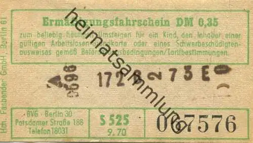 Deutschland - BVG Berlin Potsdamer Str. 188 - Ermäßigungsfahrschein 1970 DM 0,35