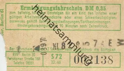 Deutschland - BVG Berlin Potsdamer Str. 188 - Ermäßigungsfahrschein 1968 DM 0,35