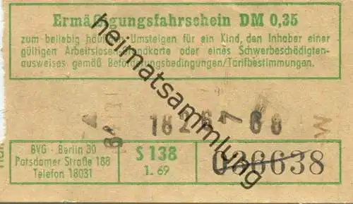 Deutschland - BVG Berlin Potsdamer Str. 188 - Ermäßigungsfahrschein 1969 DM 0,35