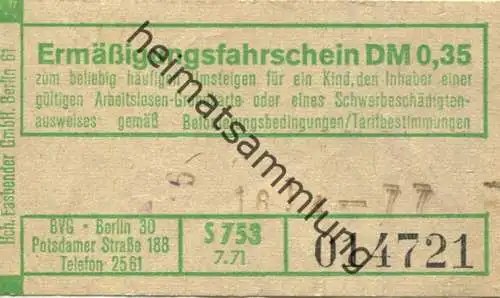 Deutschland - BVG Berlin Potsdamer Str. 188 - Ermäßigungsfahrschein 1971 DM 0,35