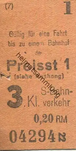 Deutschland - Berlin - S-Bahn-Verkehr - Fahrkarte 3. Klasse 0,20RM Gültig für eine Fahrt bis zu einem Bahnhof der Preiss