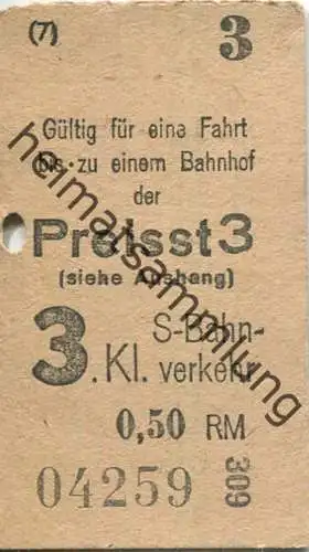 Deutschland - Berlin - S-Bahn-Verkehr - Fahrschein 3. Klasse 0,50RM Gültig für eine Fahrt bis zu einem Bahnhof der Preis