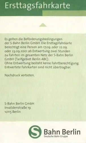 Deutschland - Berlin - Ersttagsfahrkarte 17.09.2001 - Wiedervereinigung am Nordkreuz