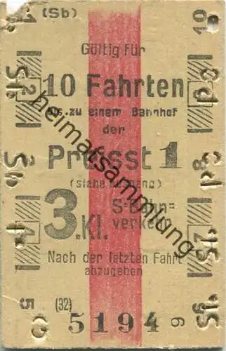 Deutschland - Berlin - S-Bahn-Verkehr - 10 Fahrten bis zu einem Bahnhof der Preisstufe 1 - Fahrkarte 3. Klasse - rücksei