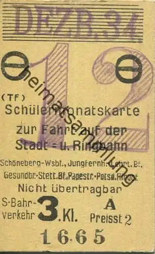 Deutschland - Berlin - Schülermonatskarte 1934 zur Fahrt auf der Stadt und Ringbahn - S-Bahnverkehr - Fahrkarte 3.Klasse