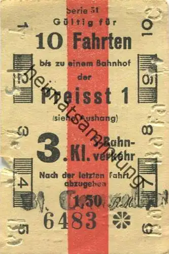 Deutschland  - Berlin - S-Bahn-Verkehr - 10 Fahrten bis zu einem Bahnhof der Preisstufe 1 - Fahrkarte 3. Klasse 1,50 RM