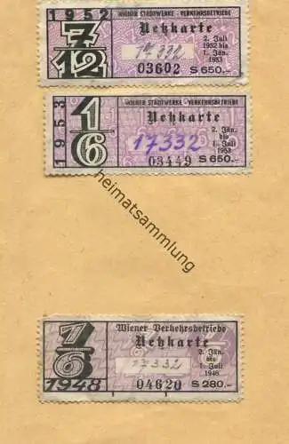 Österreich - Wien - Wiener Verkehrsbetriebe - Netzkarten-Marken 1948 und 1952/3 aufgeklebt