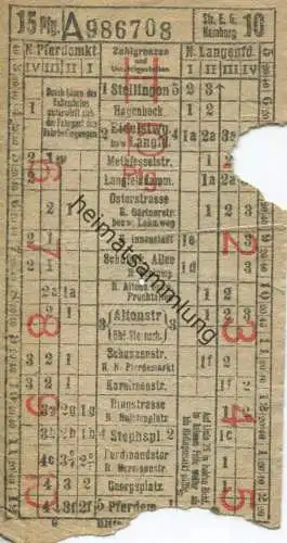 Deutschland - Strassen-Eisenbahn Gesellschaft in Hamburg - Fahrschein Linie 10 15Pfg.