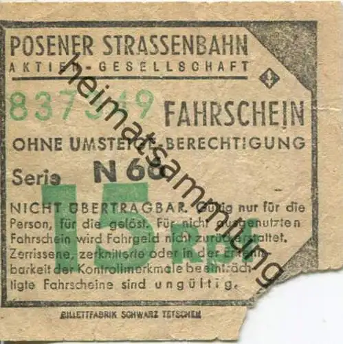 Posen - Posener Strassenbahn AG - Fahrschein ohne Umsteigeberechtigung 15Rpf.