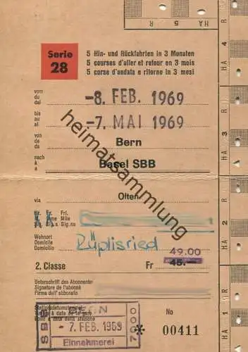 Schweiz - SBB - Schüler- und Lehrlingsabonnement Serie 28 5 Hin- und Rückfahrten - Bern Basel 1969