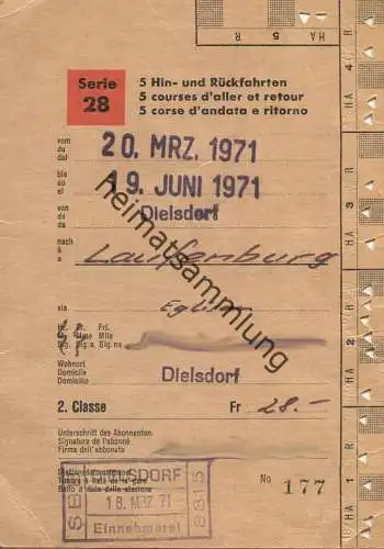 Schweiz - SBB - Schüler- und Lehrlingsabonnement Serie 28 5 Hin- und Rückfahrten - Dielstorf Laufenburg 1971