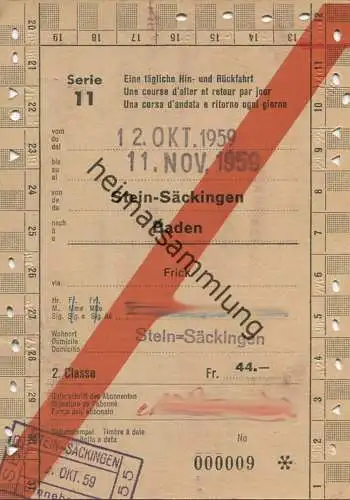 Schweiz - SBB - Allgemeines Abonnement Serie 11 Eine tägliche Hin- und Rückfahrt 1959 - Stein-Säckingen Baden