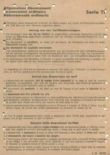 Schweiz - SBB - Allgemeines Abonnement Serie 11 Eine tägliche Hin- und Rückfahrt 1959 - Stein-Säckingen Baden