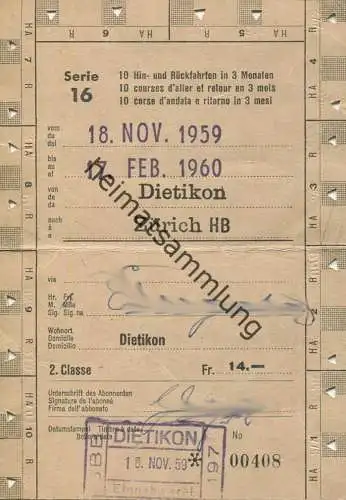 Schweiz - SBB - Allgemeines Abonnement Serie 16 10 Hin- und Rückfahrten in 3 Monaten - Dietikon Zürich 1959